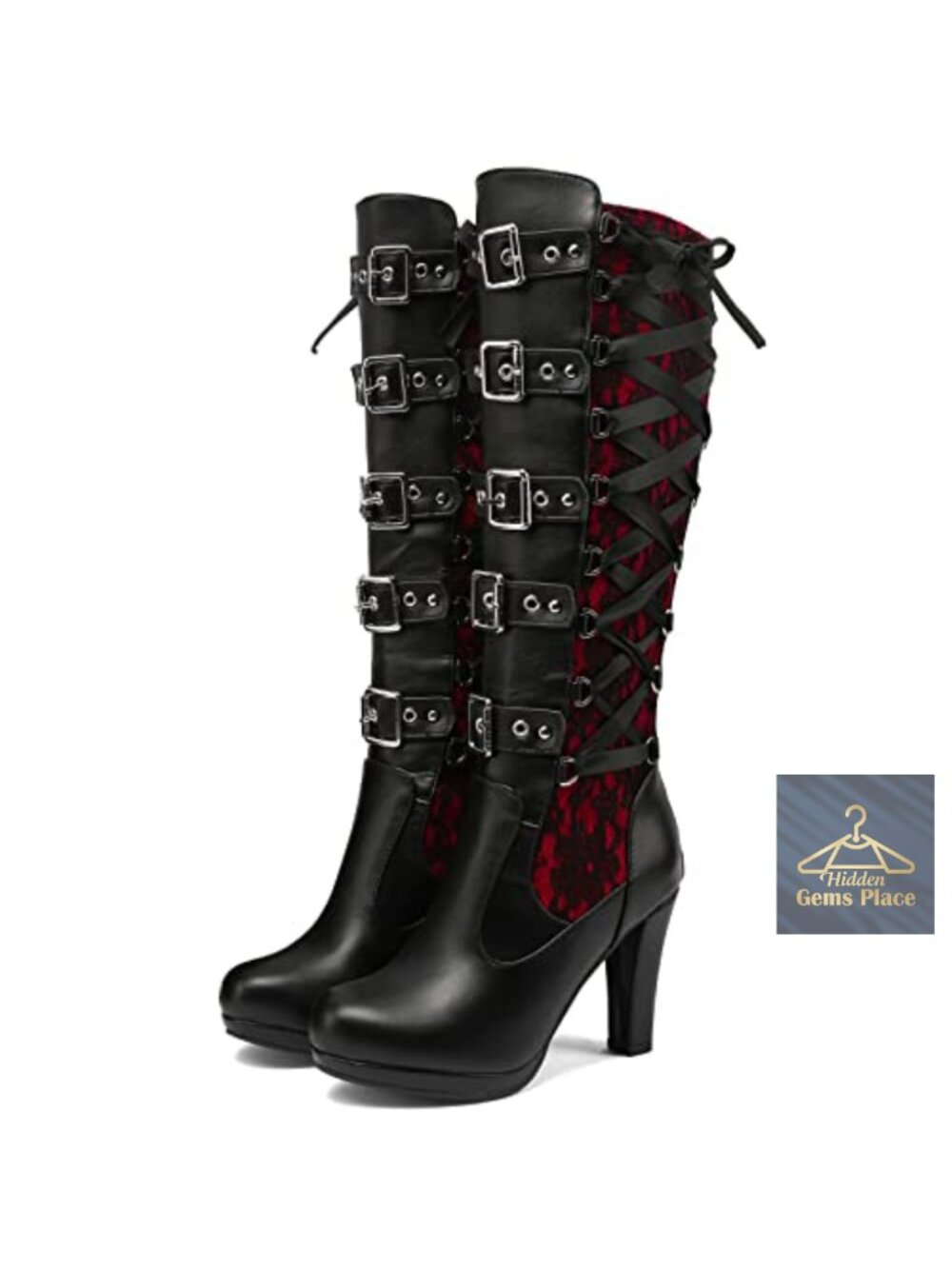Goth Knee High Lace Up Boots with Buckle Strap Block Heel